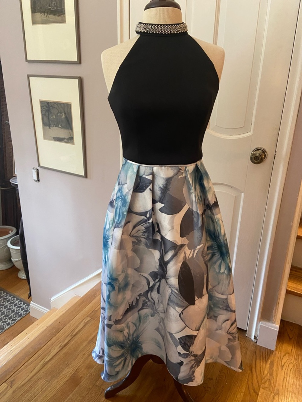 SLNY Black Halter Top Floral Blue & Gray Full Skirt Prom Dress